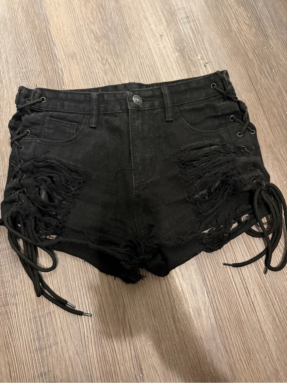 Women's Black Lace-Up Distressed Denim Shorts- small